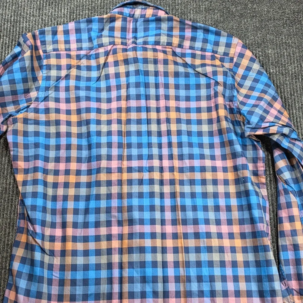Bugatchi Button Down Shirt Mens L Blue Orange Plaid Excellent Classic Fit Cotton